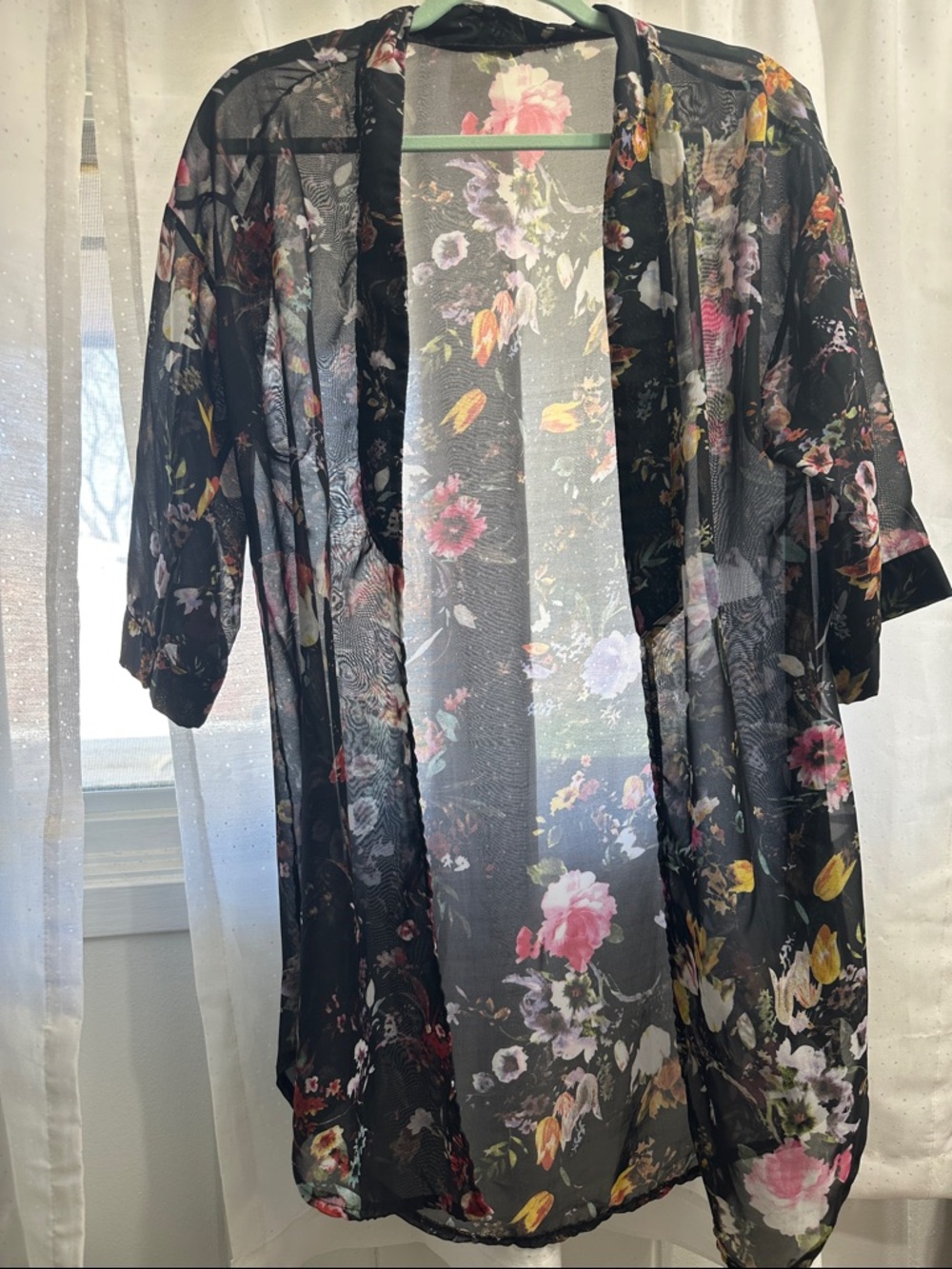 Sheer Black Floral Kimono Robe - Elegant Floral Cover-Up